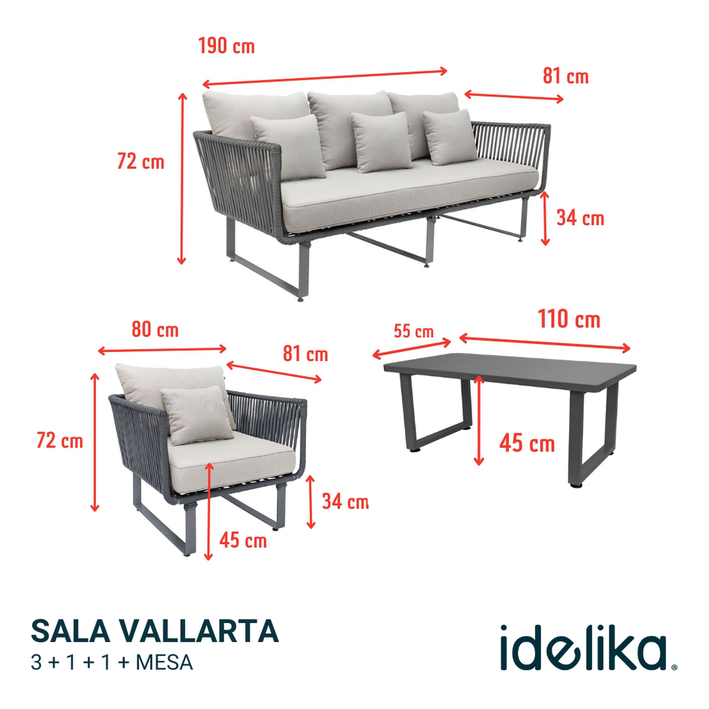 Vallarta sala 3+1+1+ mesa metal gris cuerda aqua con cojinería // Exterior techado_27232