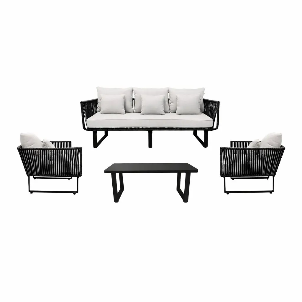 Vallarta sala 3+1+1+ mesa metal negro cuerda negra cojinería loneta antidecoloración // Exterior techado