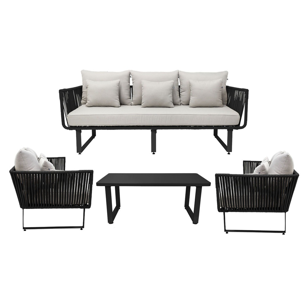 Vallarta sala 3+1+1+ mesa metal negro cuerda negra cojinería loneta exterior