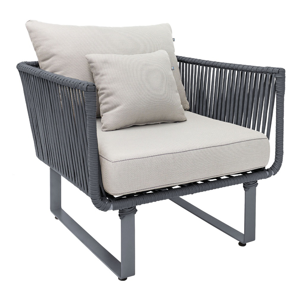 Vallarta sillón metal negro cuerda gris cojinería loneta antidecoloración // Exterior techado