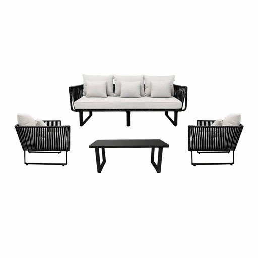[50806SE] Vallarta sala 3+1+1+ mesa metal negro cuerda negra cojinería tela curri // Exterior techado