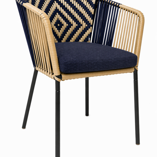 [62870SI] Huasteca silla metal negro cuerda beige y azul con cojín // Exterior techado