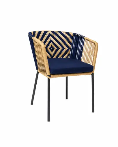[62870SI] Huasteca silla metal negro cuerda beige y azul con cojín // Exterior techado