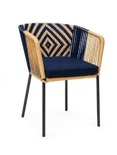 [62870SI] Huasteca silla metal negro cuerda beige y azul con cojín // Exterior techado