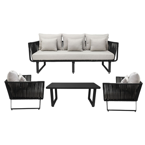 [53621SE] Vallarta sala 3+1+1+ mesa metal negro cuerda negra cojinería loneta exterior